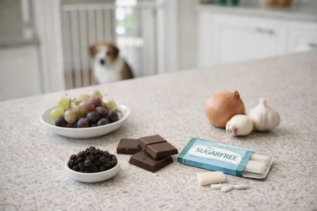 Common dangerous foods for pets on a kitchen counter including grapes, chocolate and xylitol gum