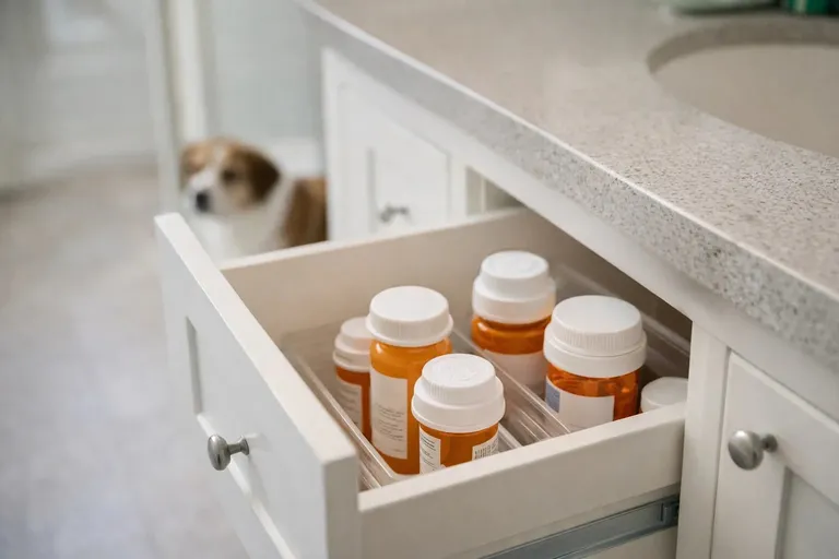 Medications secured in a high bathroom drawer with childproof latch to prevent pet access