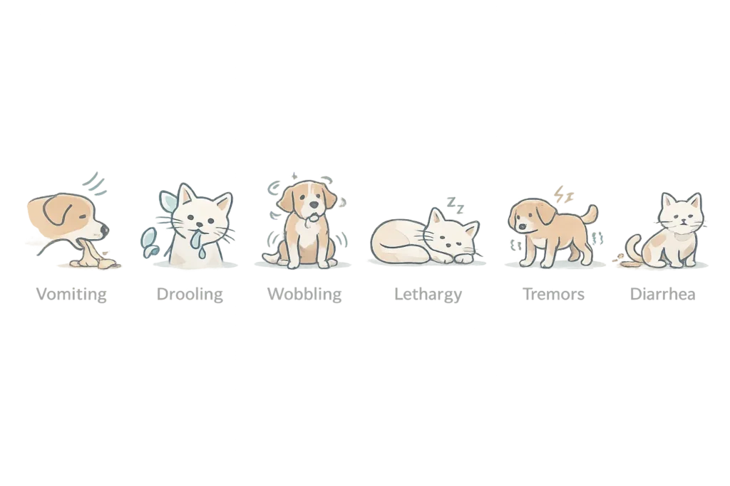 Icons illustrating common pet poisoning symptoms such as vomiting, drooling, lethargy and tremors
