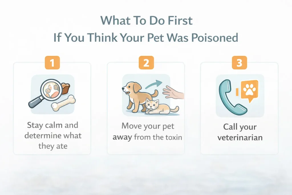 Three-step graphic showing what to do first if a pet may be poisoned: remove access, don’t induce vomiting unless told, call a veterinarian