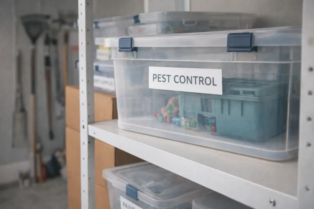Rodent control products stored securely on a high garage shelf in a sealed container