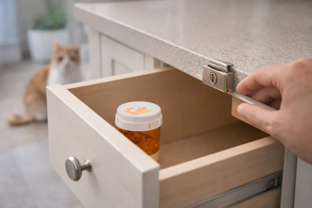 Pet-safe storage with edibles secured in a locked drawer away from pets