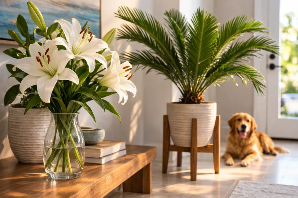 Decorative lilies and sago palm displayed safely out of reach to prevent pet poisoning