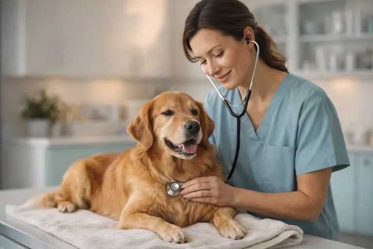 Veterinarian performing a calm wellness exam while a dog rests comfortably on the exam table