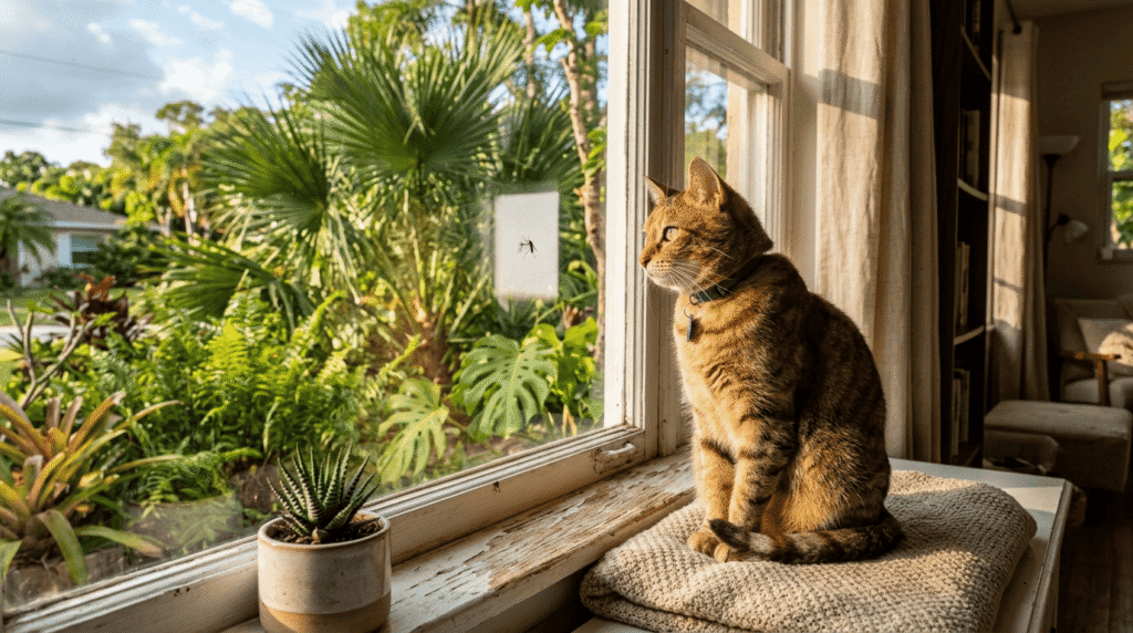Indoor cat watching mosquito on window — even indoor cats face heartworm risk in Florida