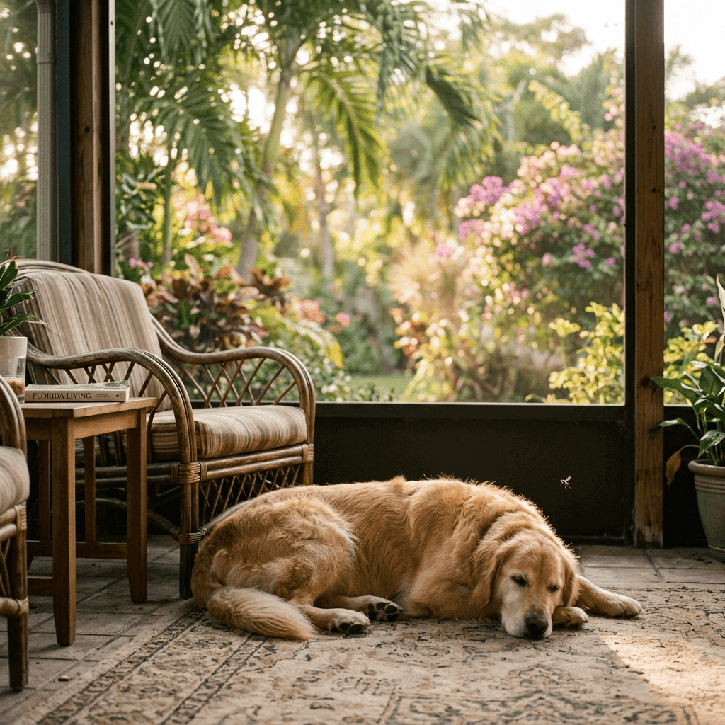 Dog on Florida porch unaware of mosquito — heartworm risk in Palm Beach County