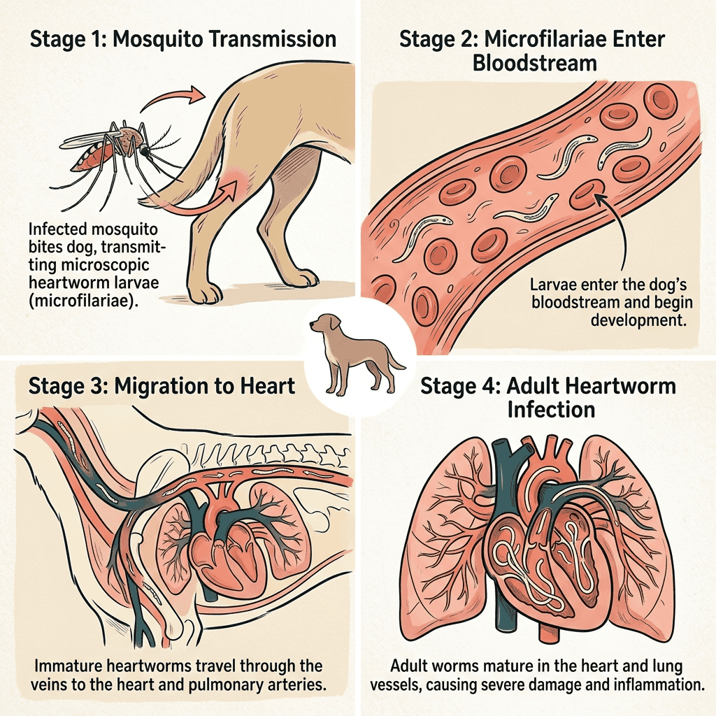 Heartworm lifecycle diagram — how mosquitoes transmit heartworm to dogs and cats