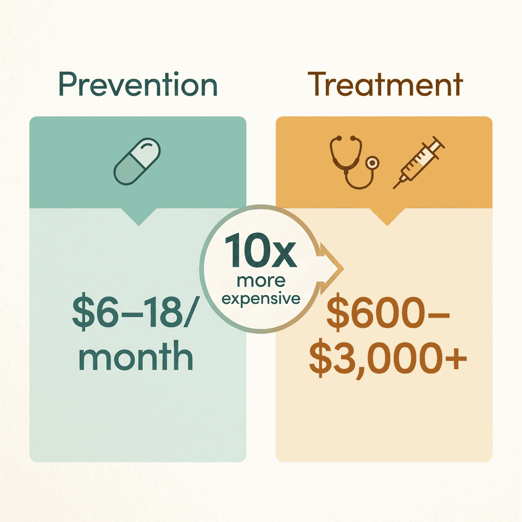 Heartworm prevention costs $6–18/month vs $600–3,000+ for treatment in dogs

