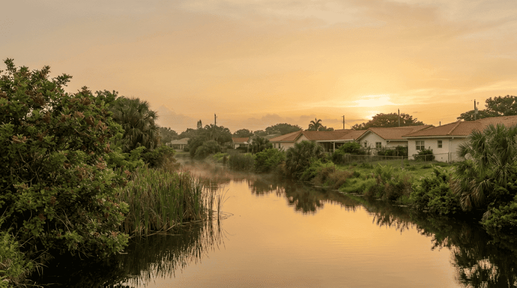 Palm Beach County canal at dusk — year-round mosquito habitat and heartworm risk zone