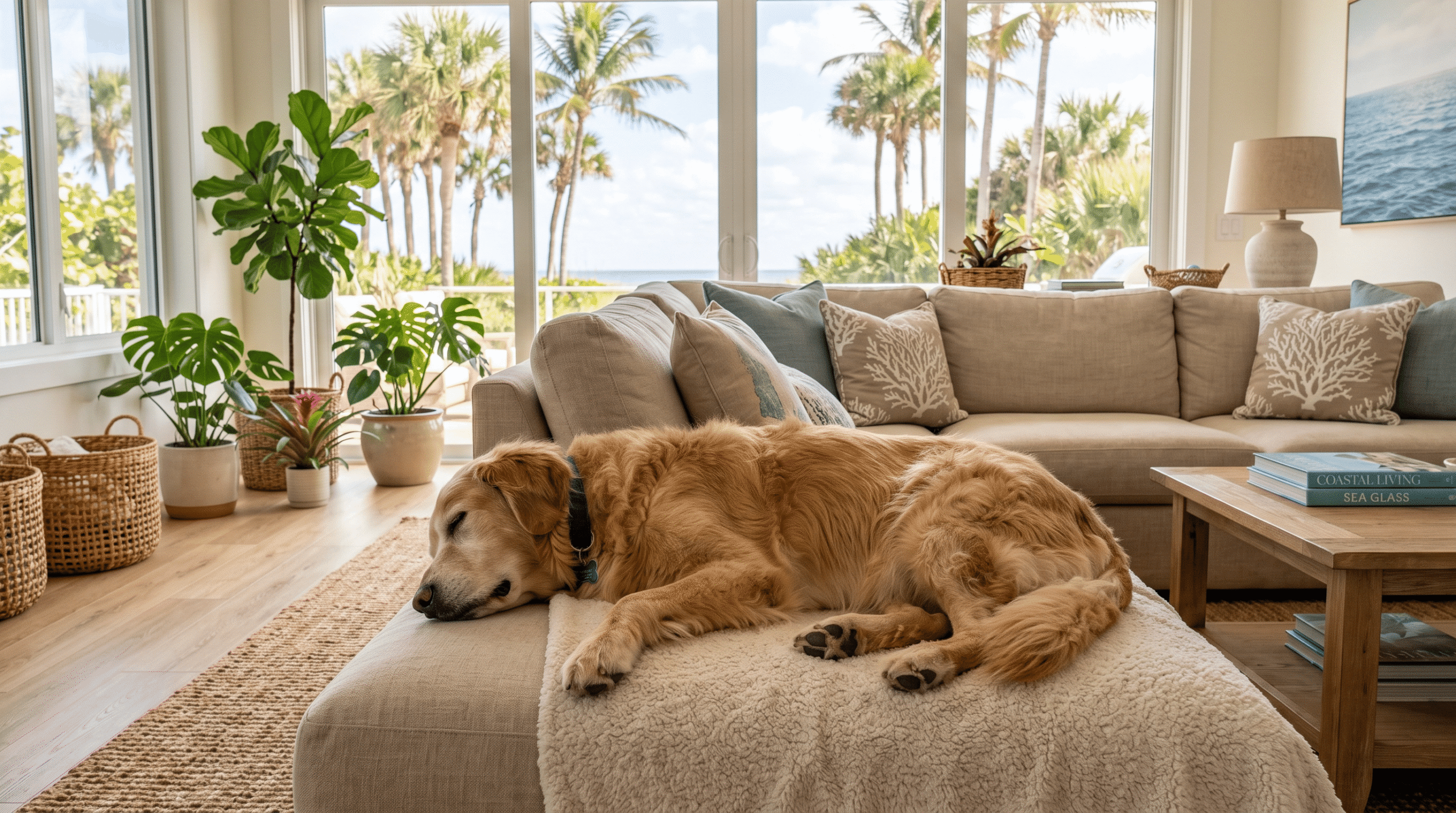 Senior golden retriever sleeping peacefully on a beige couch in a bright coastal Florida living room with palm trees visible through large windows