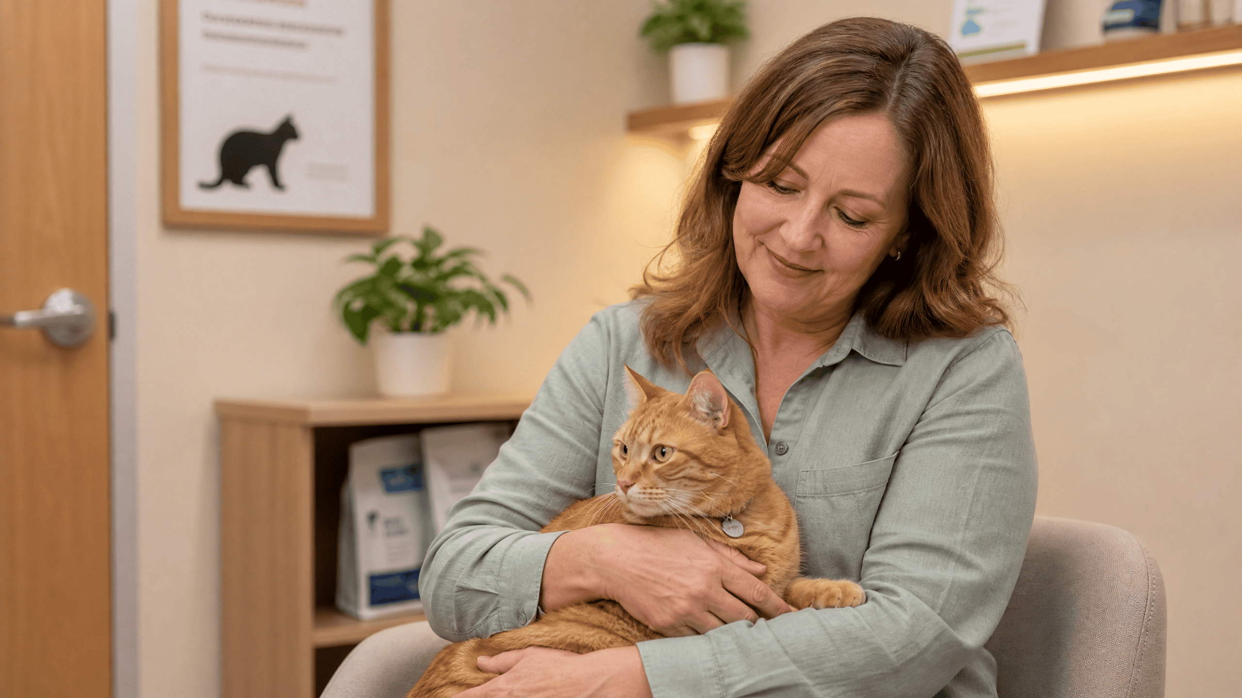 A woman holding her orange tabby cat calmly in a clean, brightly lit veterinary consultation room.