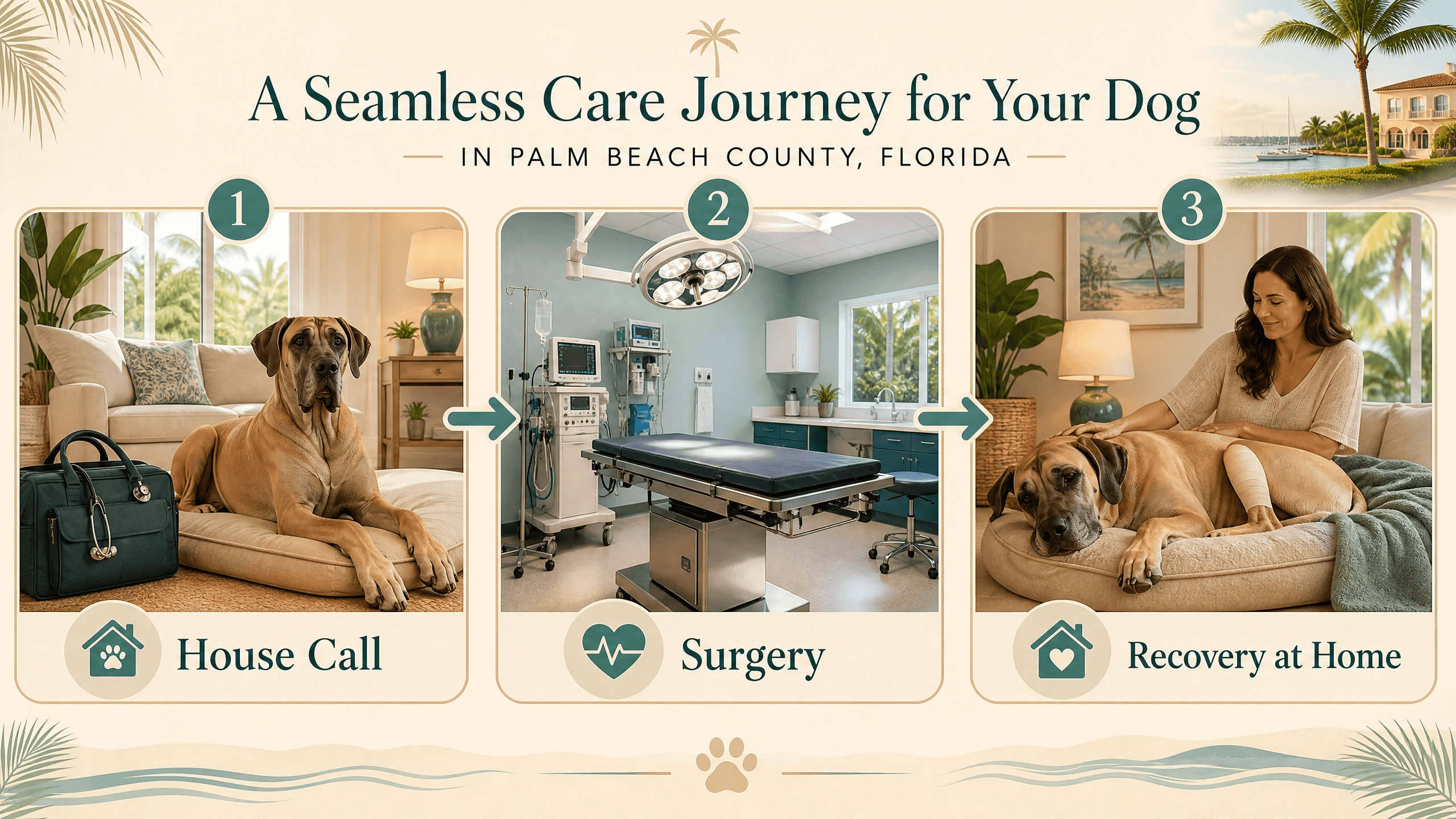 Infographic showing three-step care journey for large dogs in Palm Beach County: house call at home, surgery at Lantana facility, recovery at home