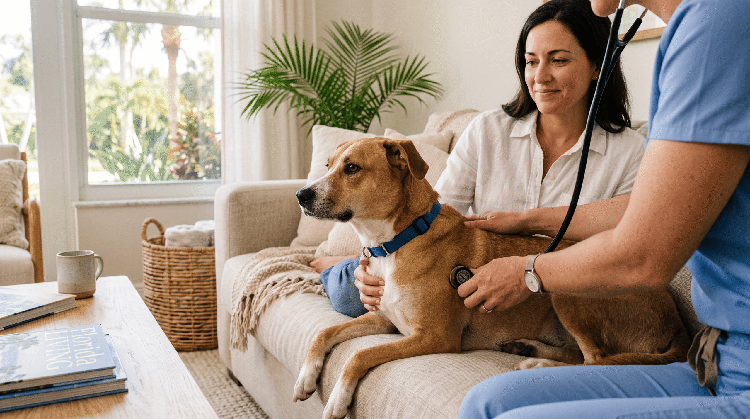 Veterinarian's hands using a stethoscope to examine a calm mixed-breed dog on a couch in a bright South Florida home while the owner watches