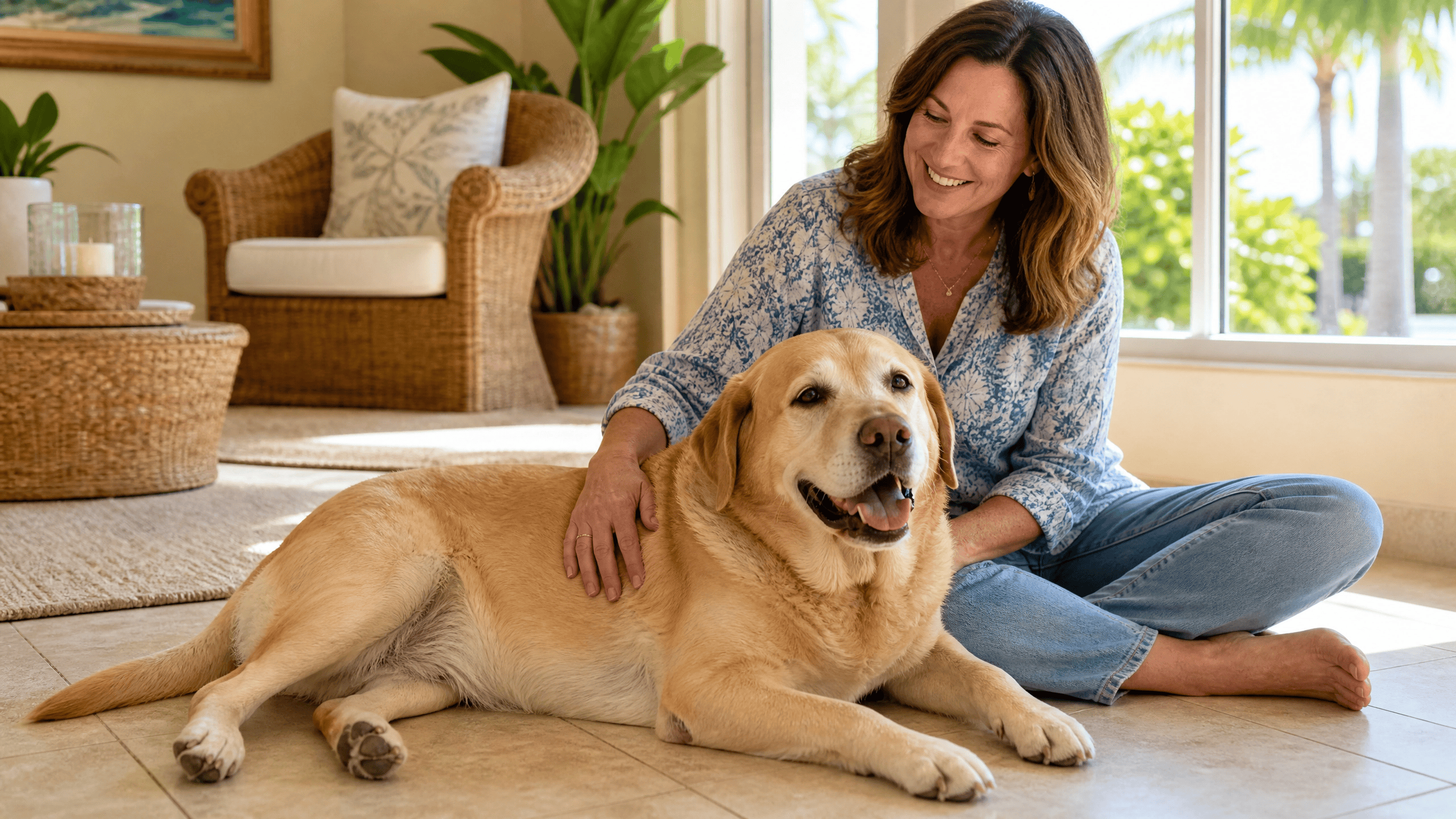 Woman sitting on tile floor beside a large Labrador Retriever in a bright Palm Beach County home, tropical plants visible through window.
