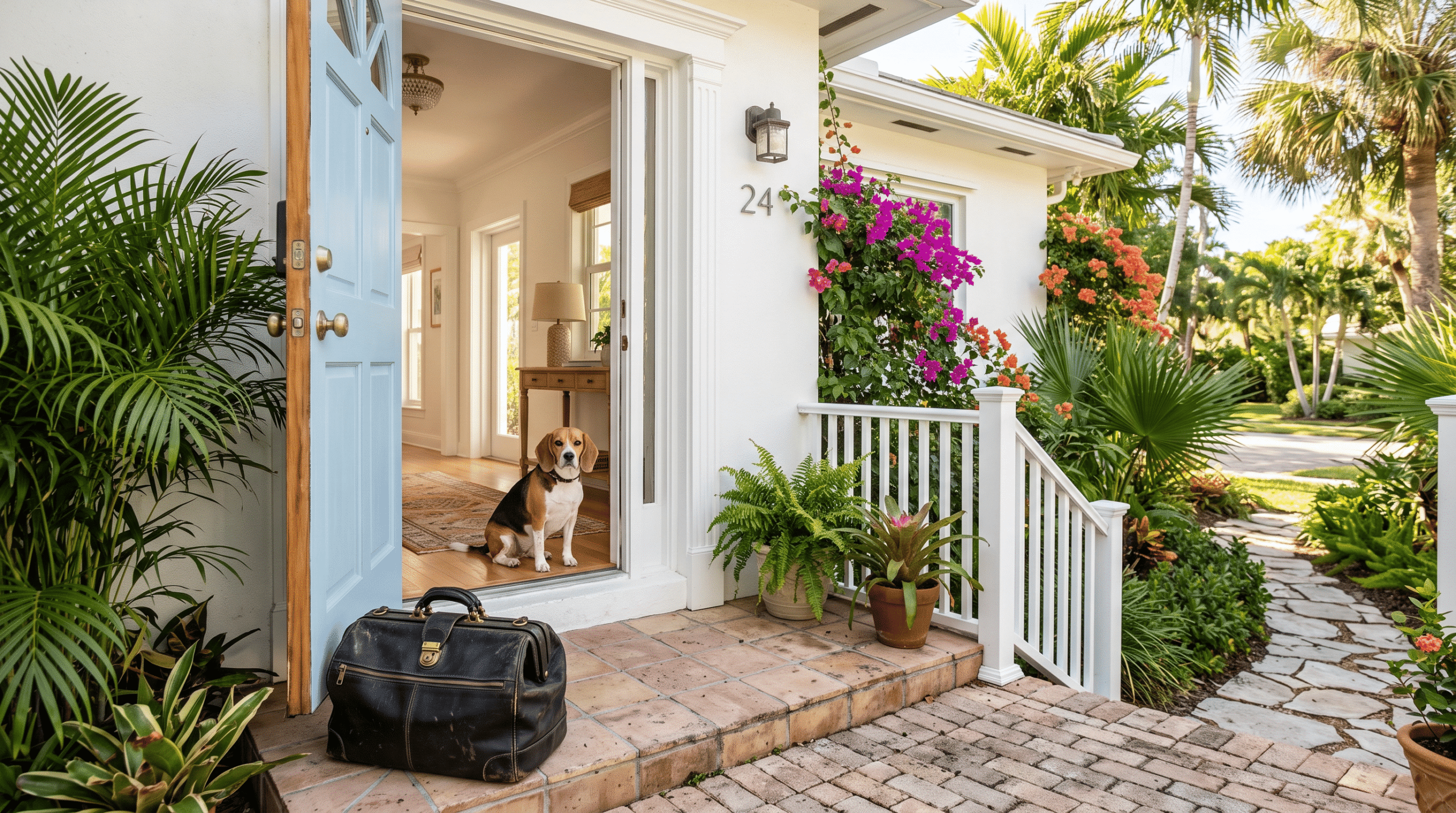 Black veterinary medical bag sitting on the porch step of a white Florida home with a blue front door, beagle sitting in the doorway, tropical plants and bougainvillea surrounding the entrance