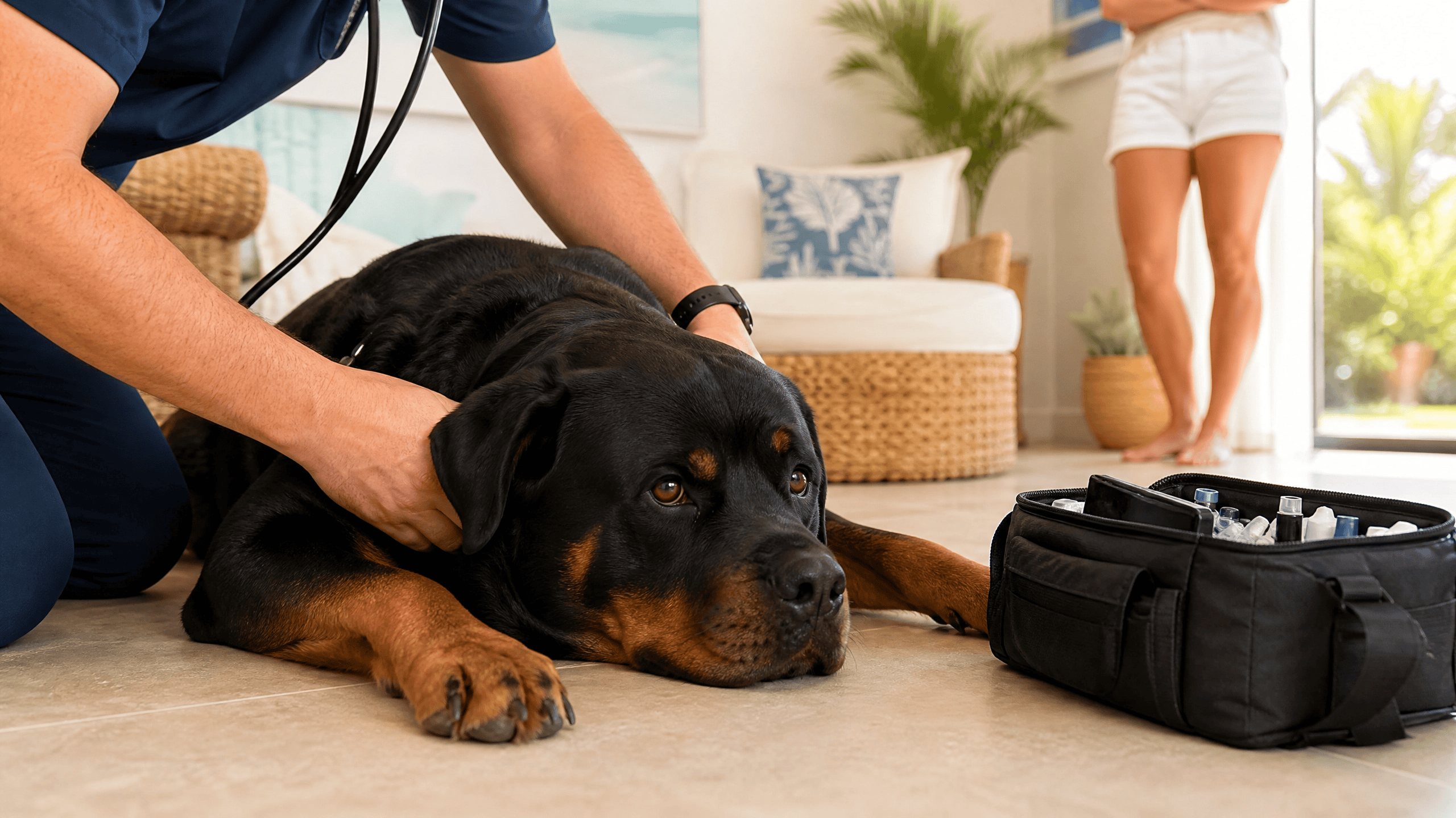 Used in the section explaining why large and senior dogs struggle with clinic transport. Illustrates the comfort and ease of staying in a familiar home environment.