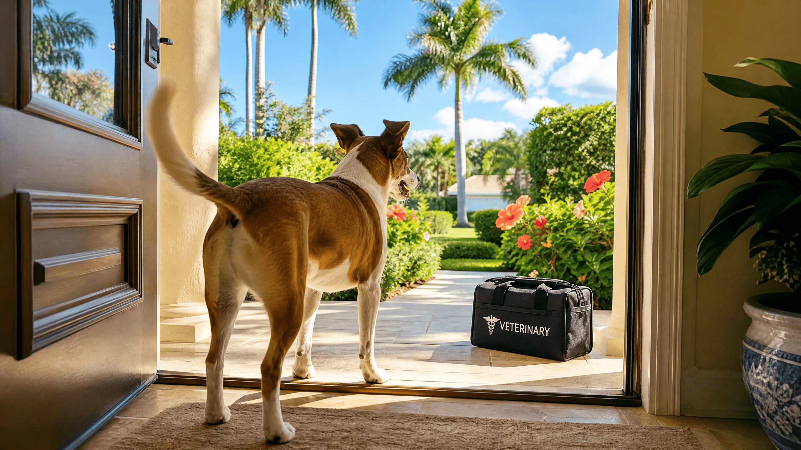 Brown and white mixed breed dog standing at the open front door of a lush South Florida home, tail raised and alert, looking out at a tropical yard with hibiscus flowers and palm trees, a veterinary bag visible on the porch