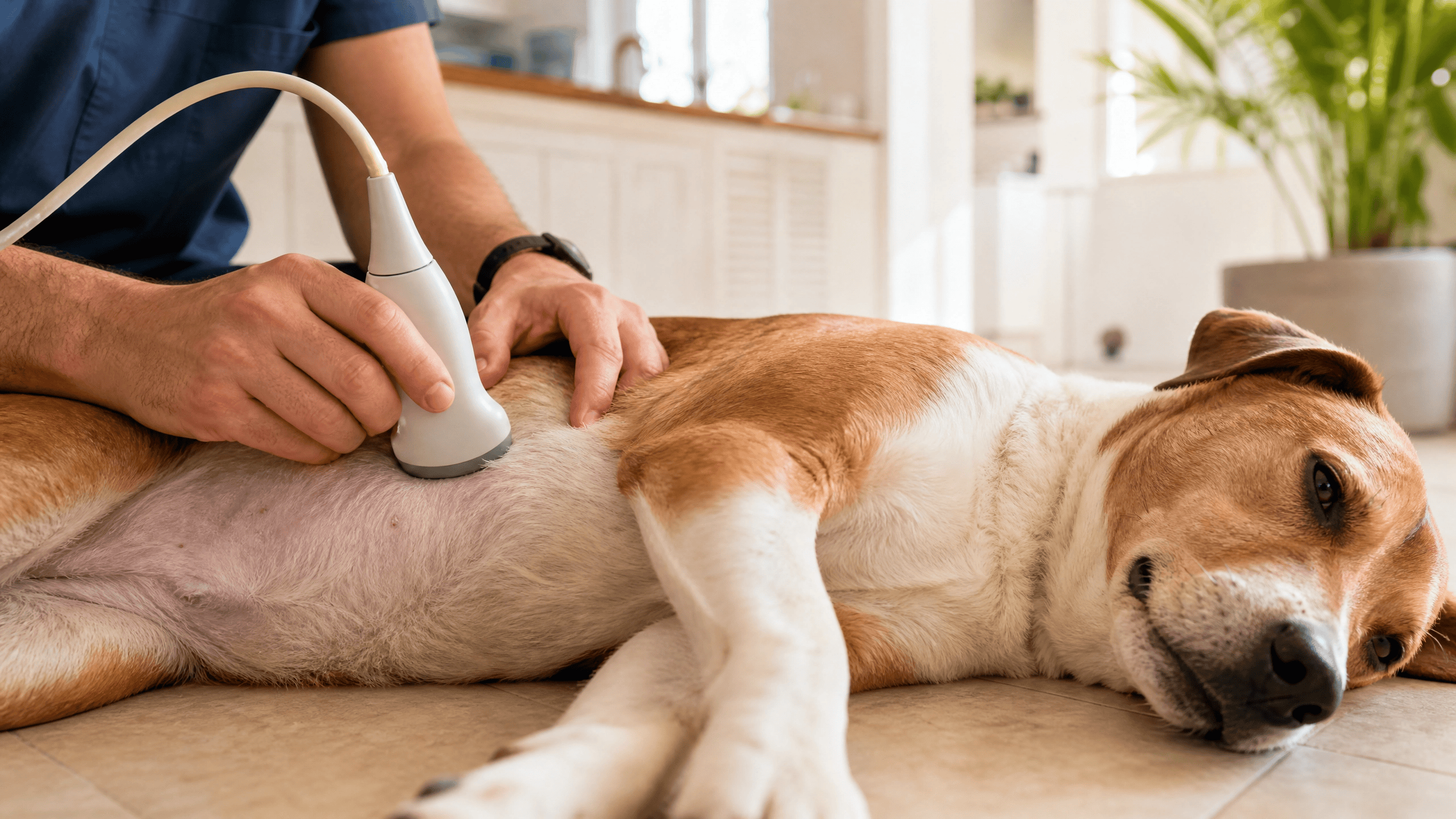 A veterinarian's hands using a portable ultrasound device on a calm dog lying on a tile floor in a home.