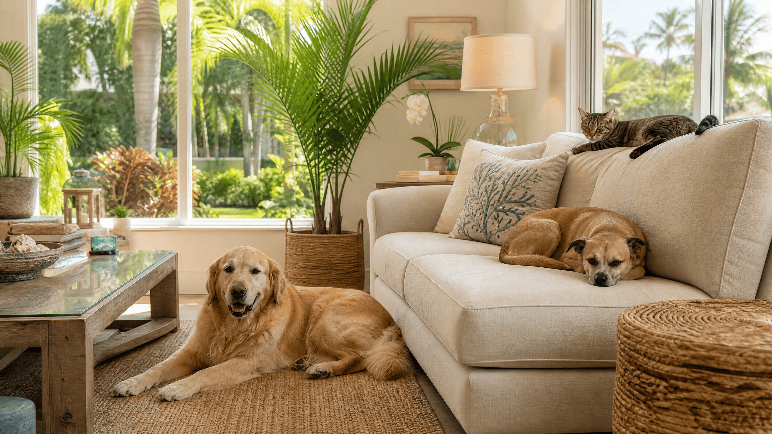 Golden Retriever lying on a woven rug, a mixed breed dog curled on a beige couch, and a tabby cat lounging on the back of the couch, all calm and relaxed in a bright South Florida living room with tropical landscaping outside