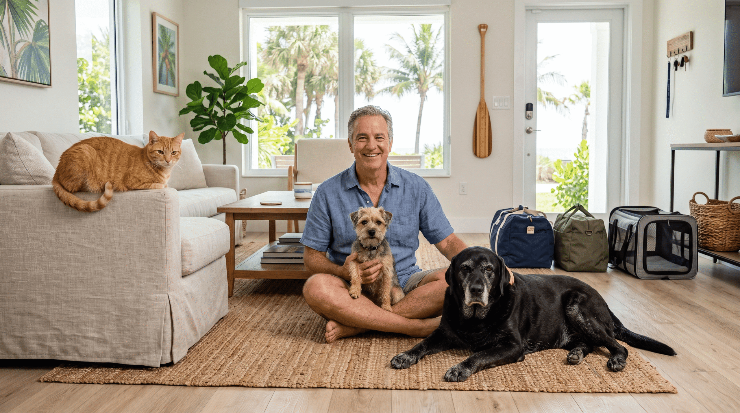 Man sitting on the floor of a sunny Florida living room with a senior black Labrador, a small terrier, and an orange tabby cat, travel bags and pet carrier visible near the front door