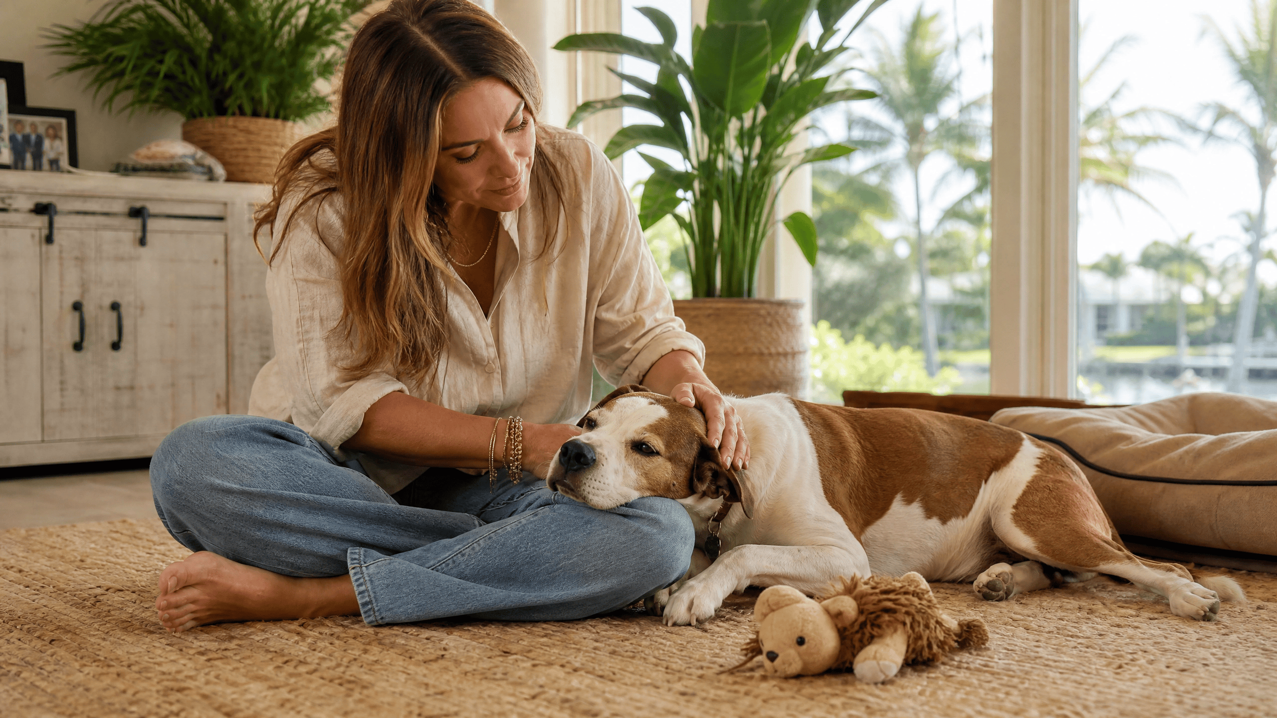 Female pet owner sitting cross-legged on the floor of a bright South Florida living room, gently stroking the head of a calm brown and white rescue dog lying beside her with a favorite toy nearby and a dog bed in the background