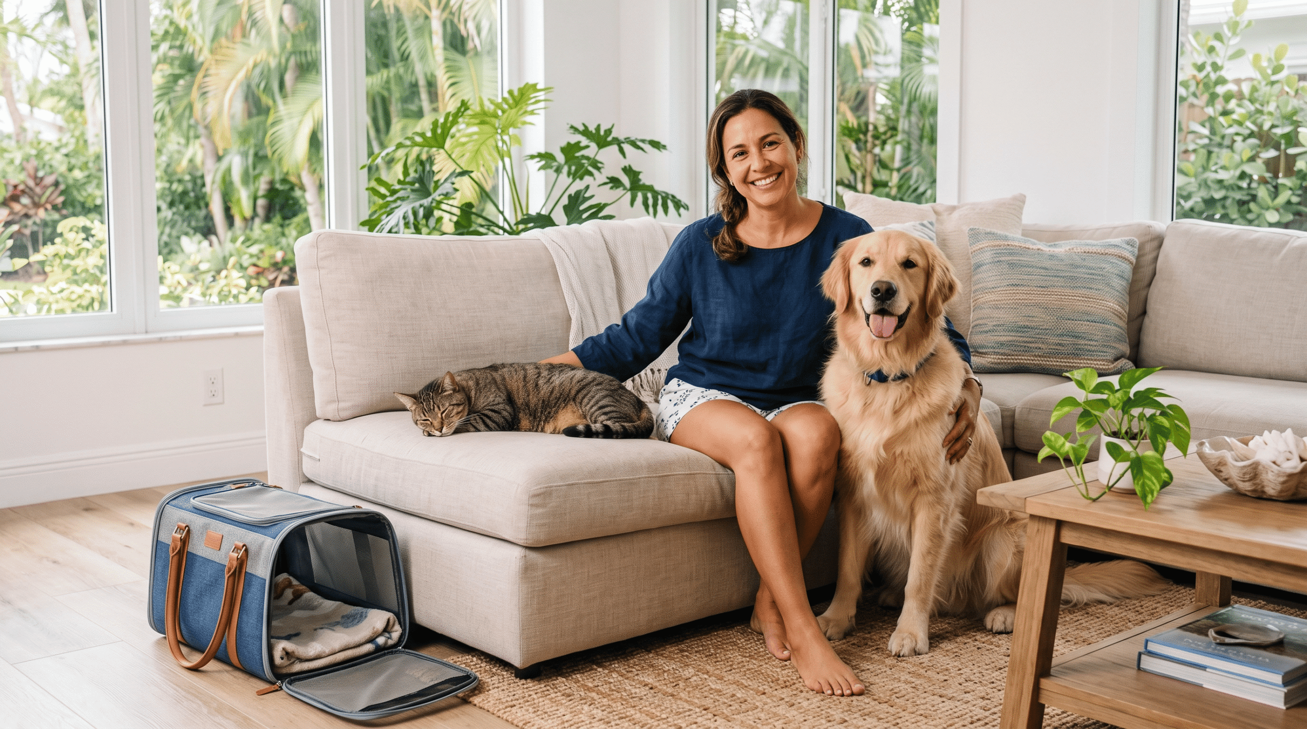 Woman sitting on a couch in a bright South Florida home with a golden retriever and tabby cat, open pet travel carrier on the floor nearby.