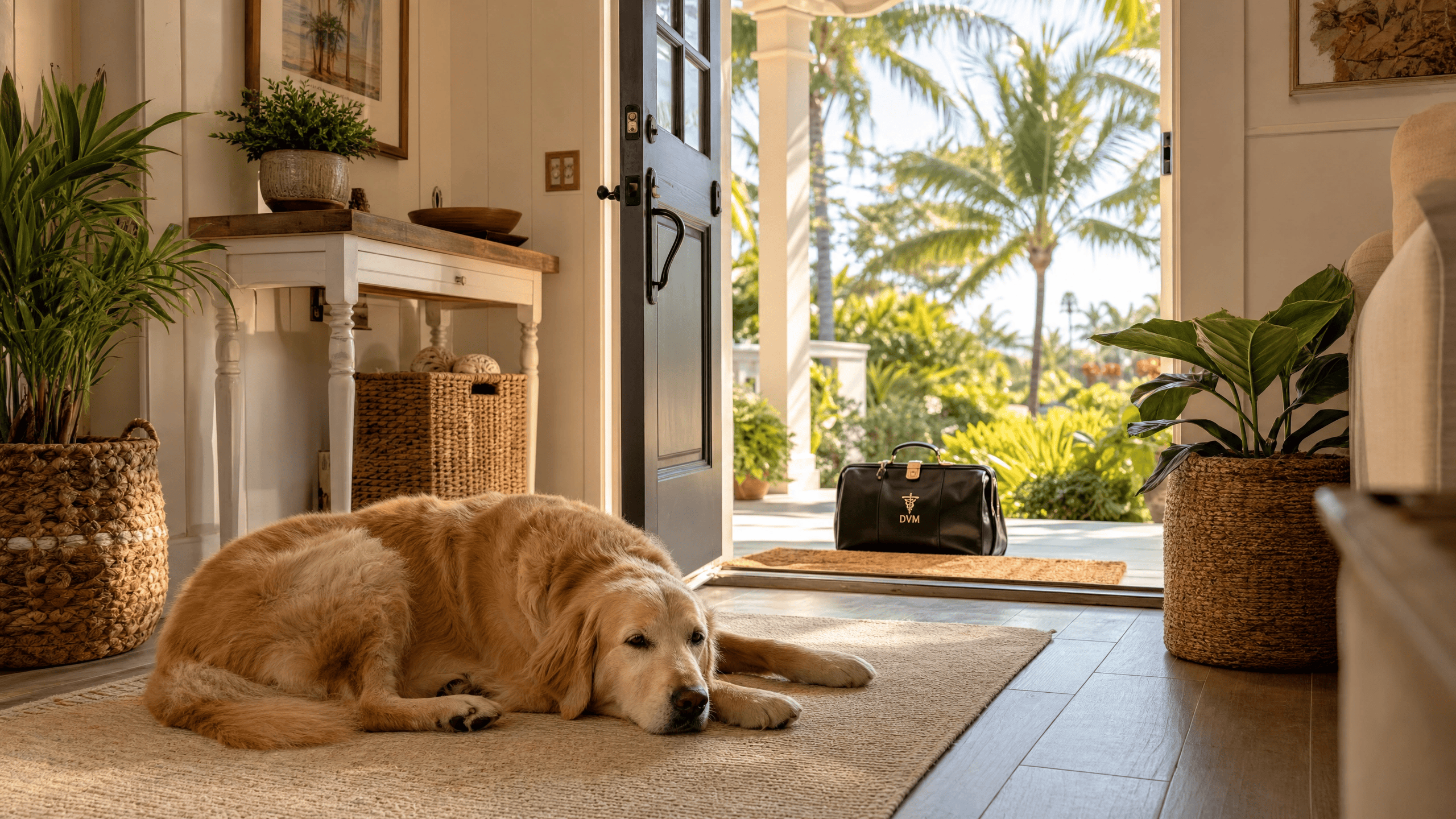 A senior dog resting peacefully near an open front door in Florida, with a black veterinary bag on the porch.