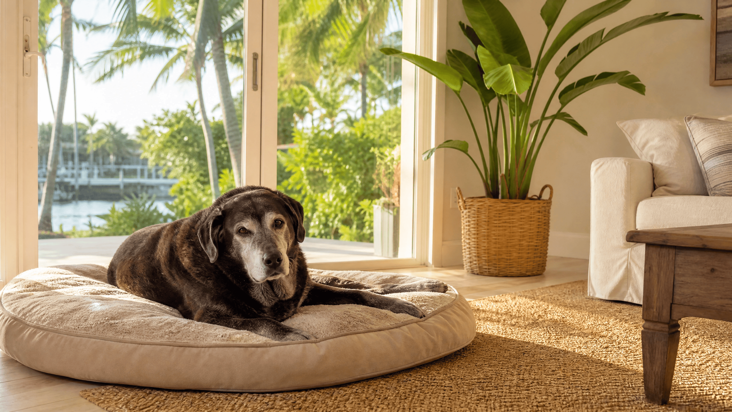 Elderly gray-muzzled Labrador mix lying peacefully on a plush dog bed in a bright South Florida living room with tropical palm trees and a canal visible through large sliding glass doors