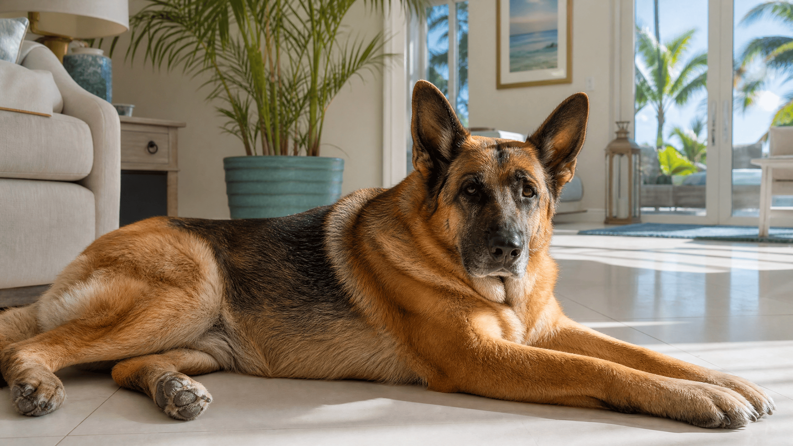 Large senior German Shepherd lying relaxed on white tile floor inside a bright Florida home with palm trees visible through glass doors