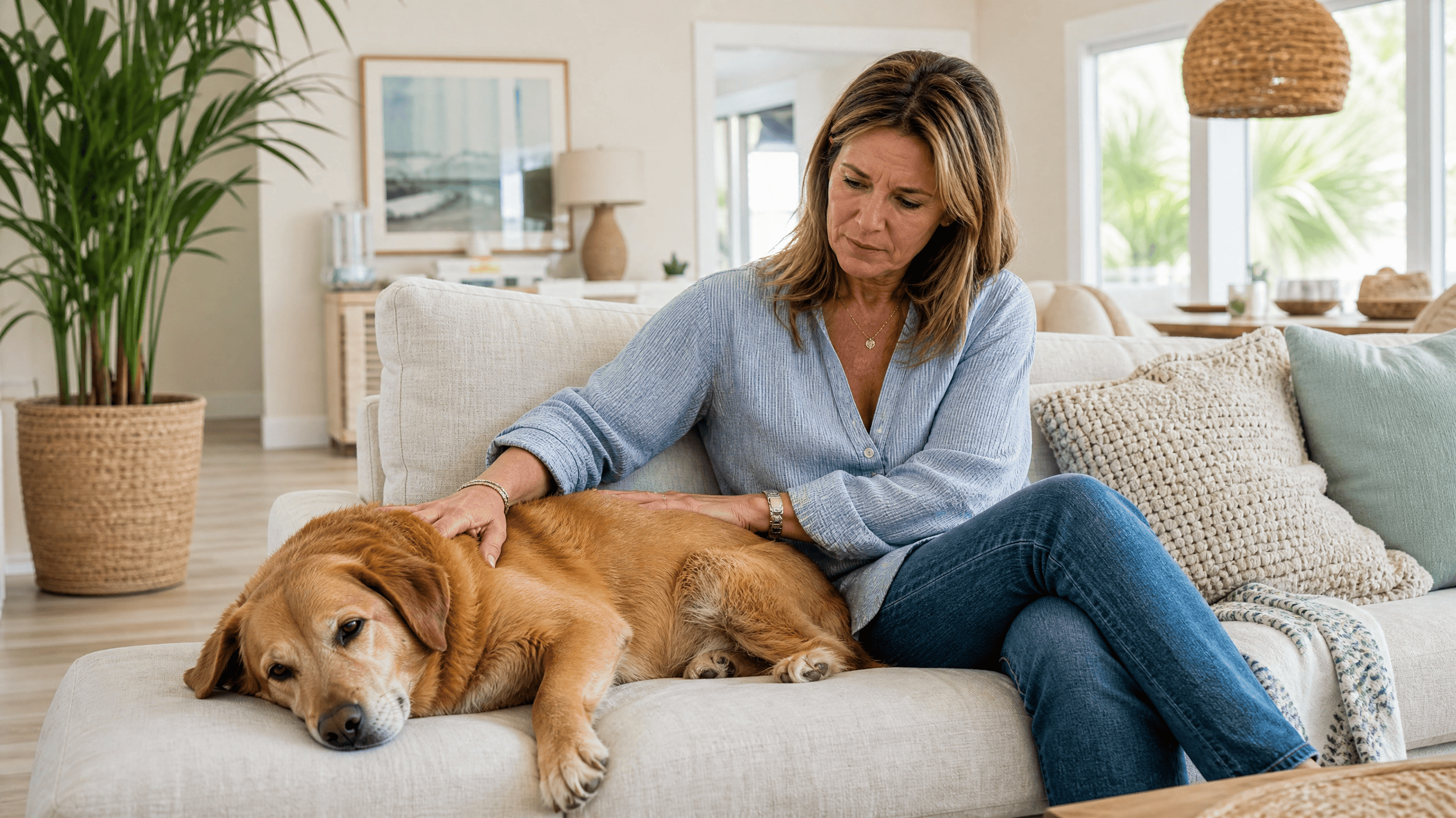 A concerned woman sits on a couch beside her lethargic golden-brown dog in a bright Florida living room.