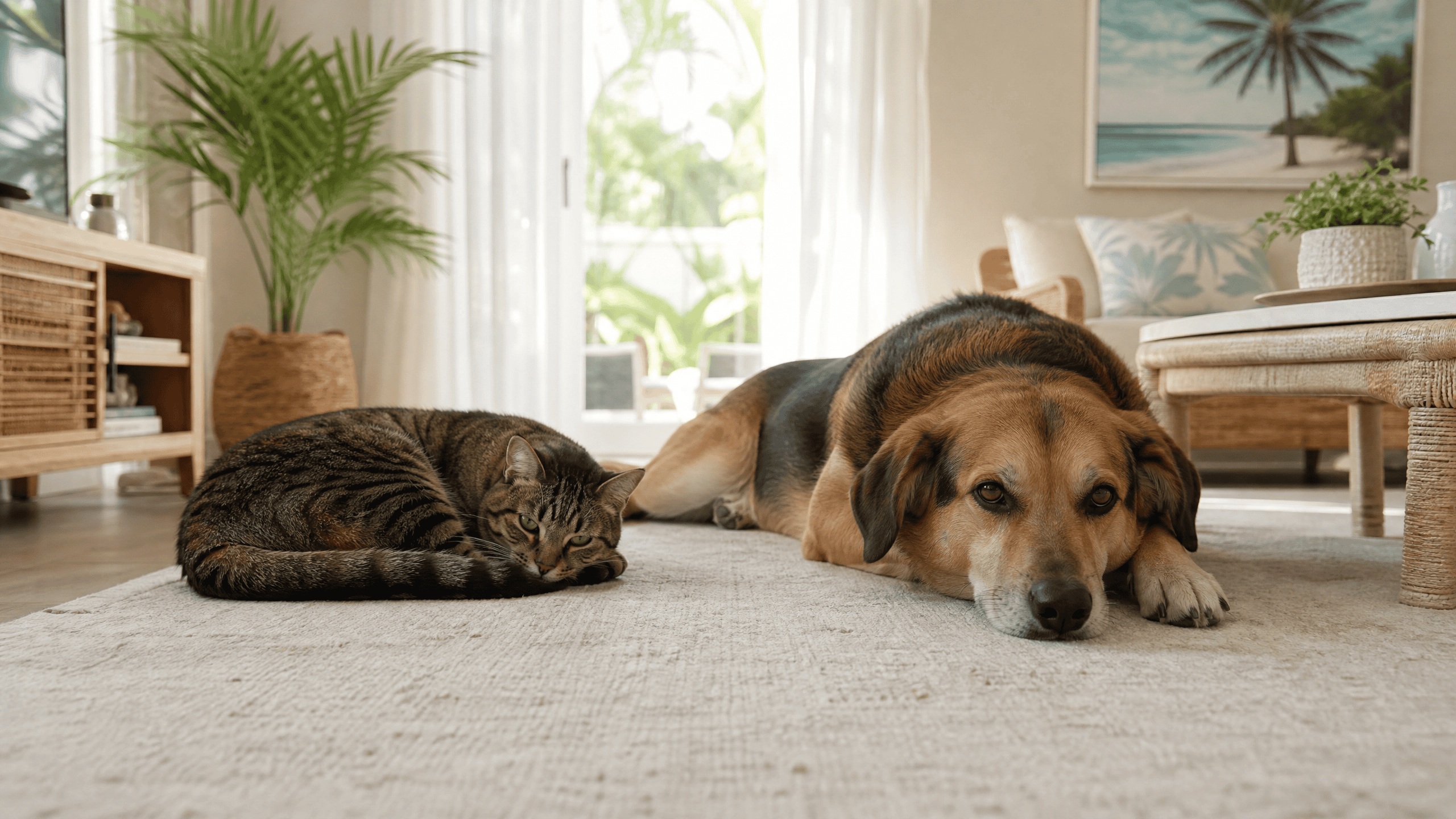 A tabby cat and a mixed-breed dog resting quietly on a rug in a sunlit coastal Florida home.