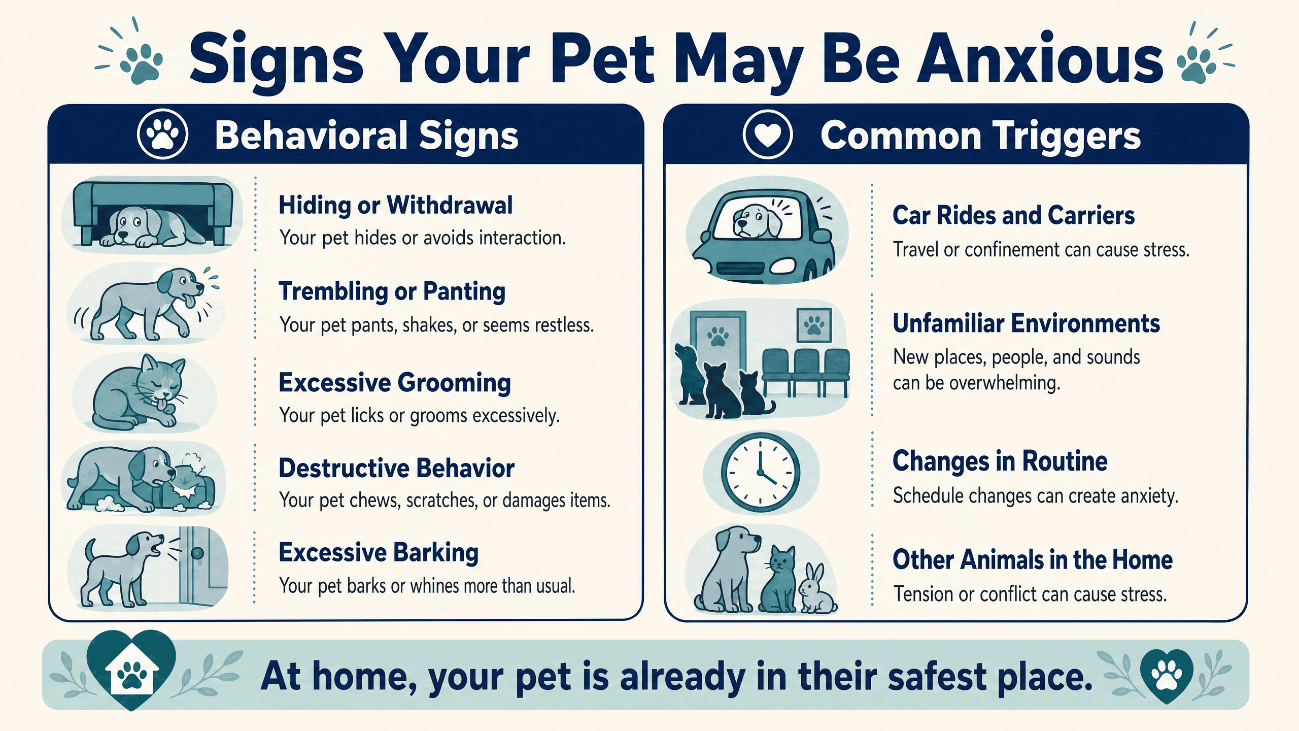 Infographic showing two columns: behavioral signs of pet anxiety including hiding, trembling, excessive grooming, destructive behavior, and excessive barking; and common triggers including car rides, unfamiliar environments, routine changes, and other animals in the home