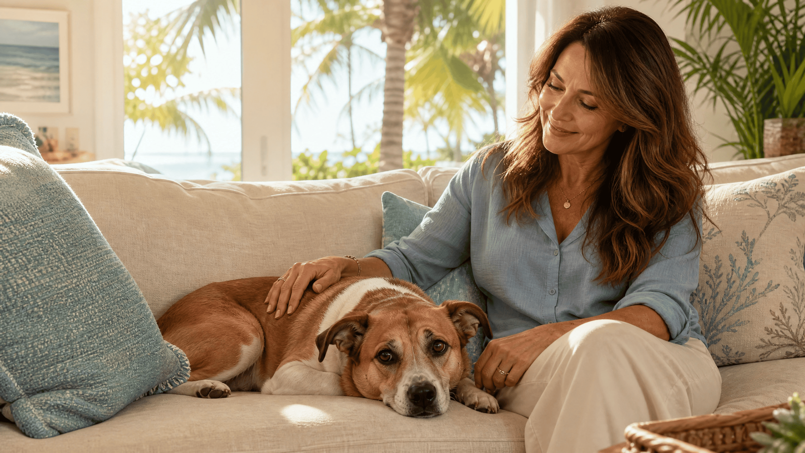 Female pet owner sitting on a couch gently comforting a calm rescue dog in a bright South Florida living room with palm trees visible through the window