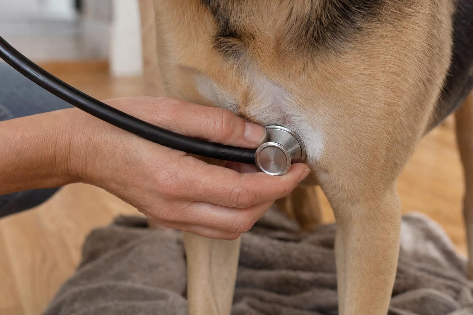  Close-up of a veterinarian using a stethoscope to check a dog's heart and lungs during a home visit