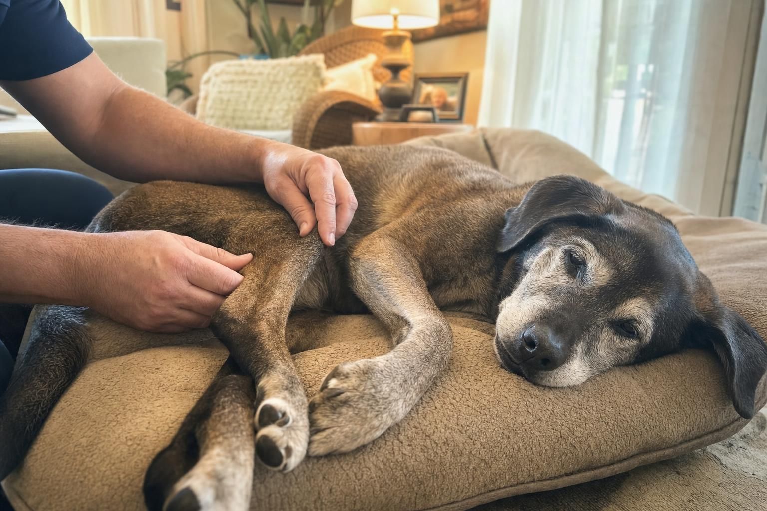 Veterinarian gently checking a senior dog's joint mobility during a calm in-home visit