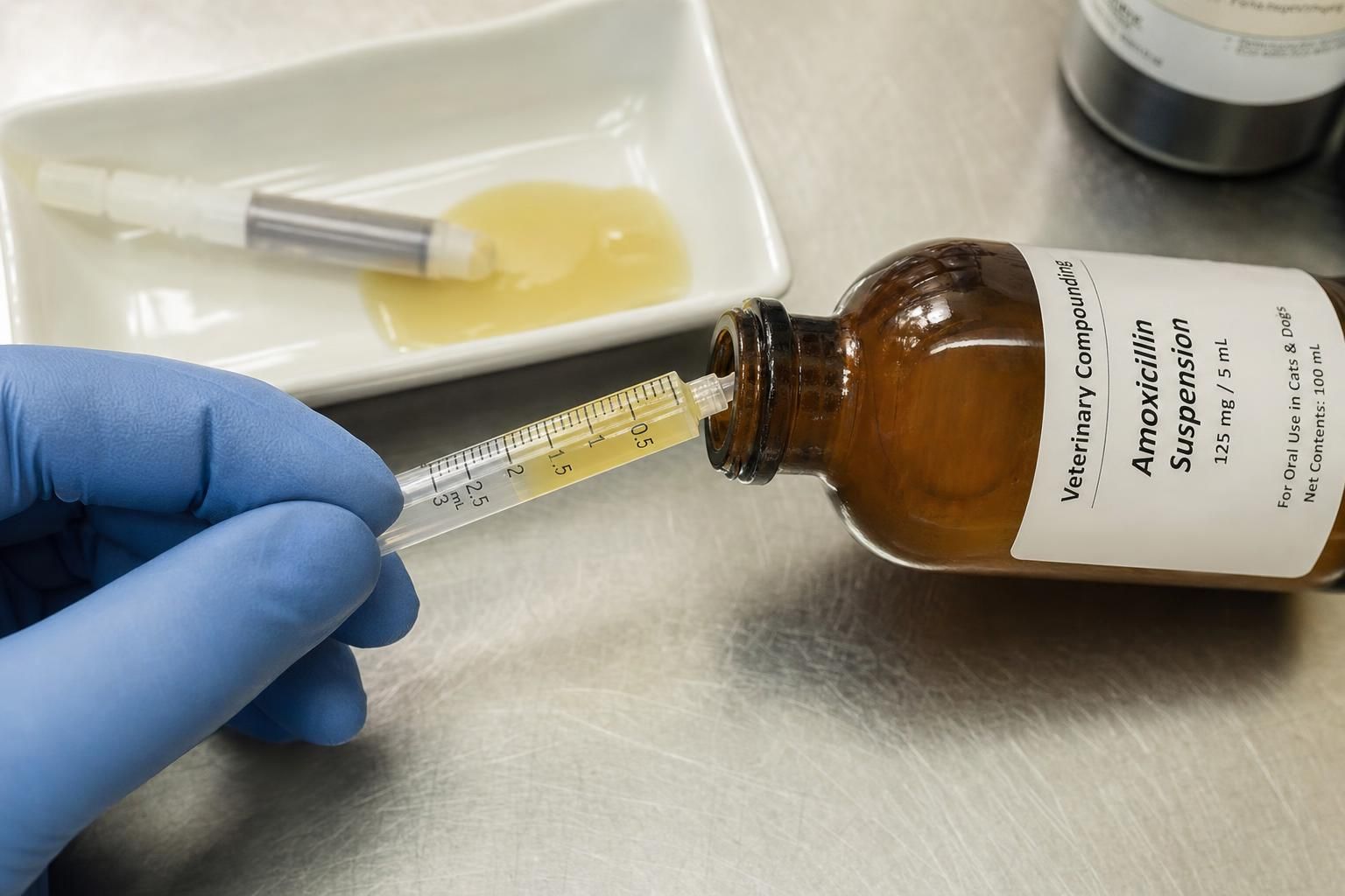 Veterinary technician hands preparing a compounded liquid pet medication dose