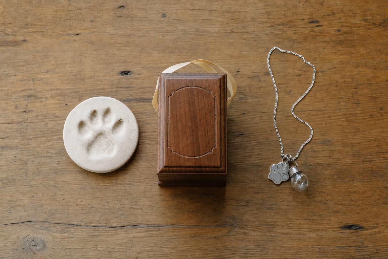 Wooden memorial urn, clay paw print, and pawprint necklace returned after private pet cremation in Lantana FL