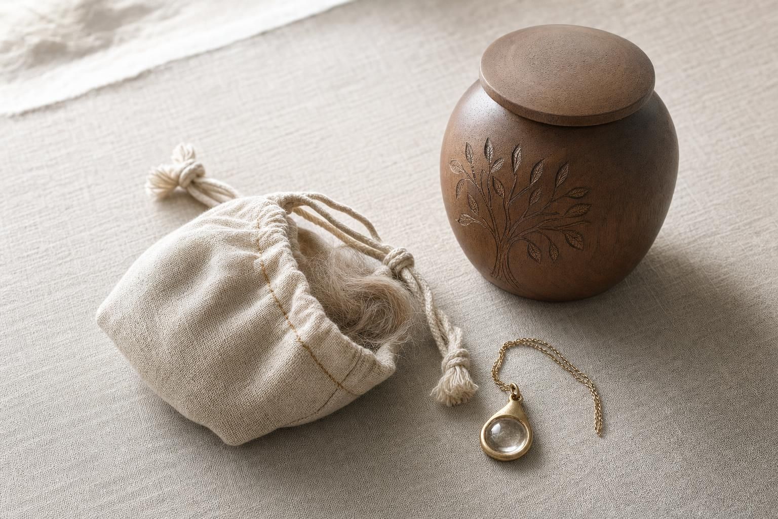 Fur-clipping keepsake bag, engraved urn, and memorial jewelry offered as pet cremation keepsakes in Palm Beach County