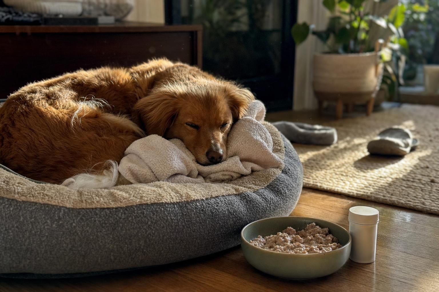  Dog resting comfortably at home during recovery after a veterinary dental cleaning in West Palm Beach