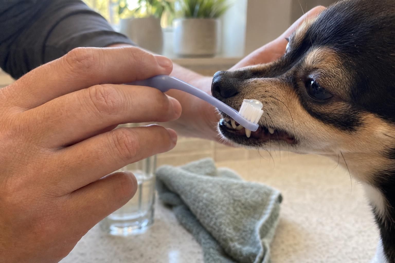 Hand gently brushing a dog's teeth at home following veterinary dental cleaning aftercare guidance in West Palm Beach