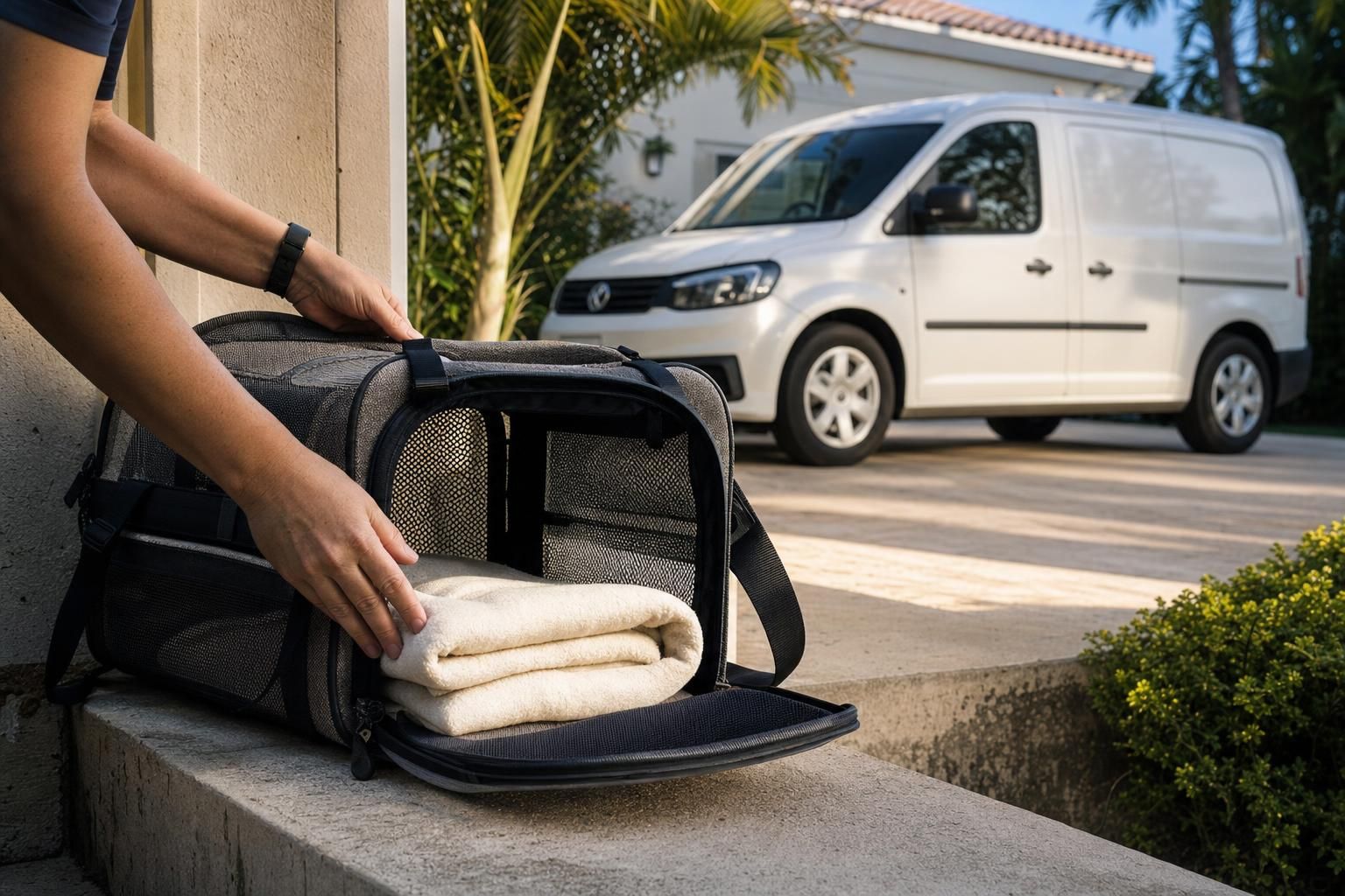 Caregiver preparing a soft carrier for at-home dog cremation pickup in Palm Beach County