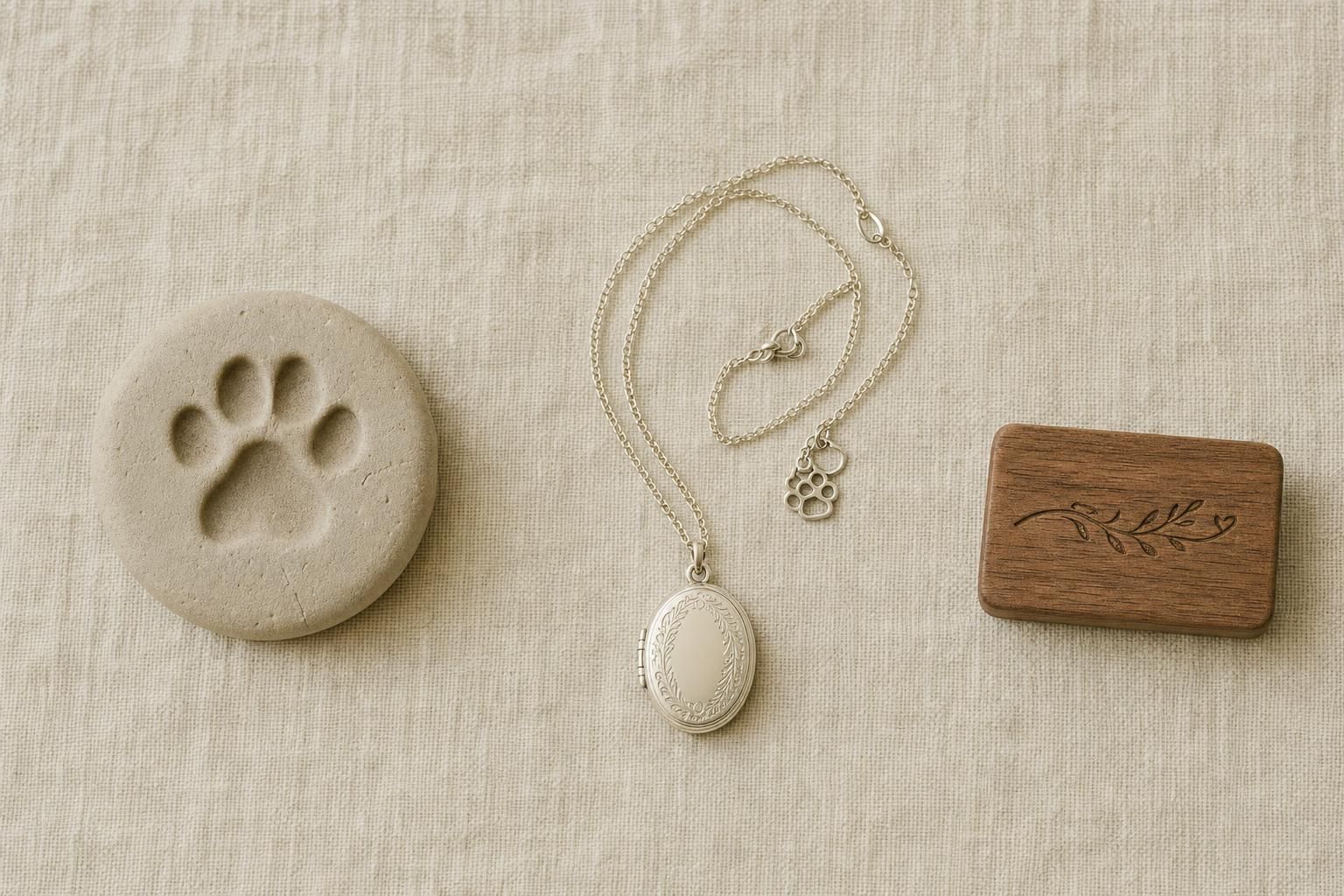 Flat lay of a paw print impression, memorial necklace, and engraved nameplate for dog cremation keepsakes