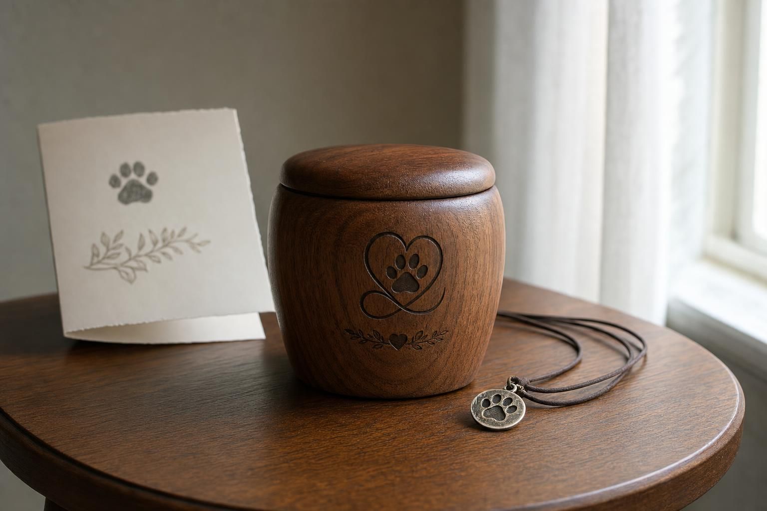 Engraved wooden urn with a paw print charm and memorial card representing private dog cremation