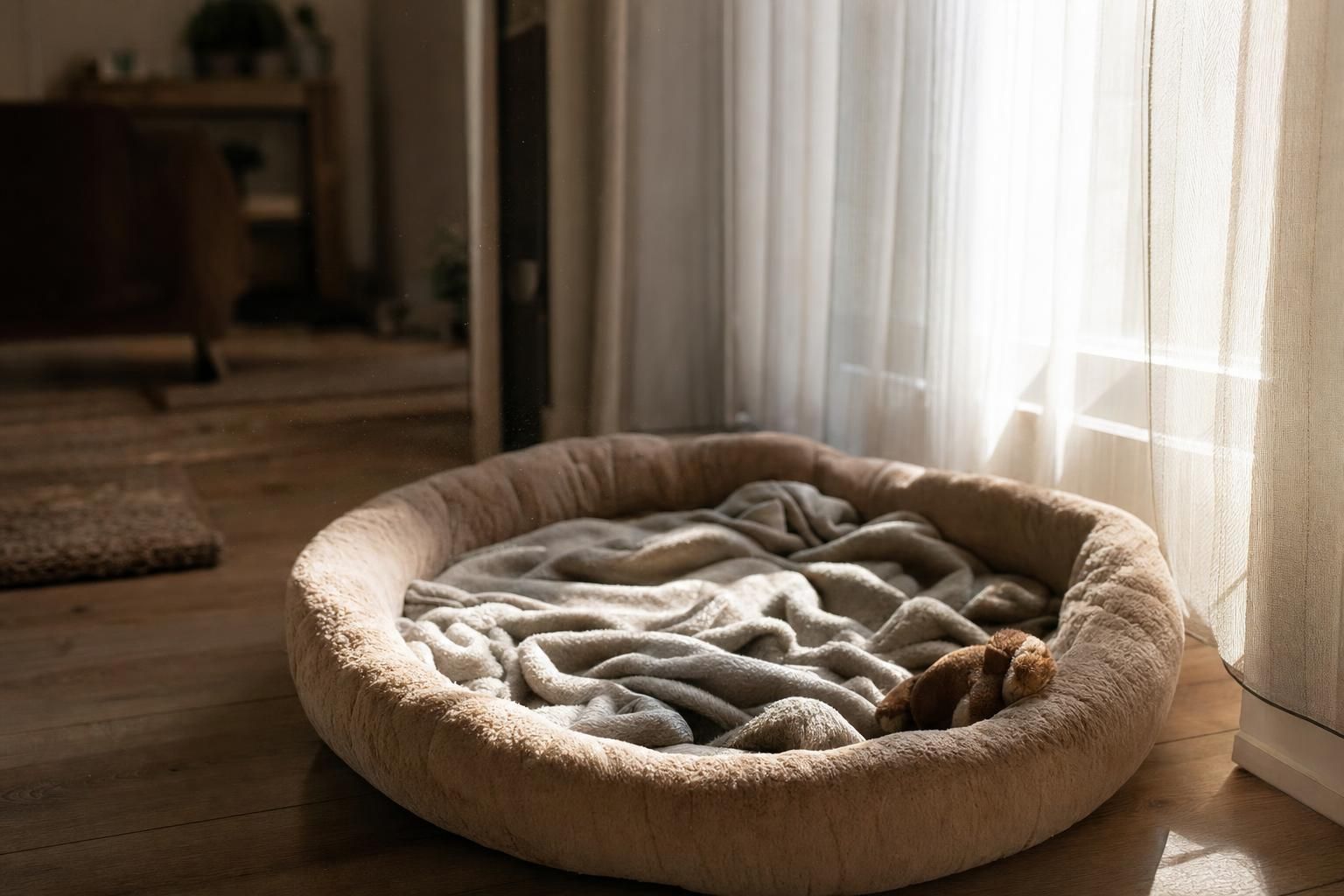 Empty sunlit dog bed by a window symbolizing the quiet transition after pet loss