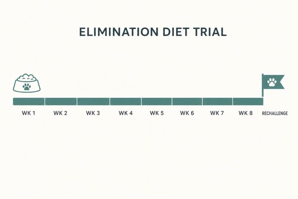 Infographic timeline showing an 8-week elimination diet trial ending in a rechallenge step