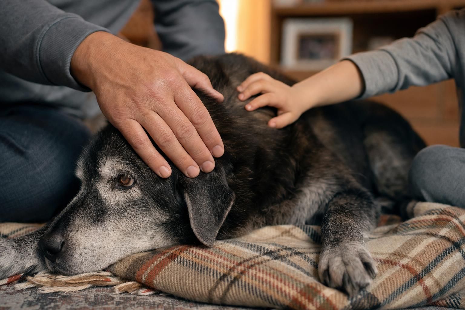 Adult and child hands gently resting on a senior dog at home