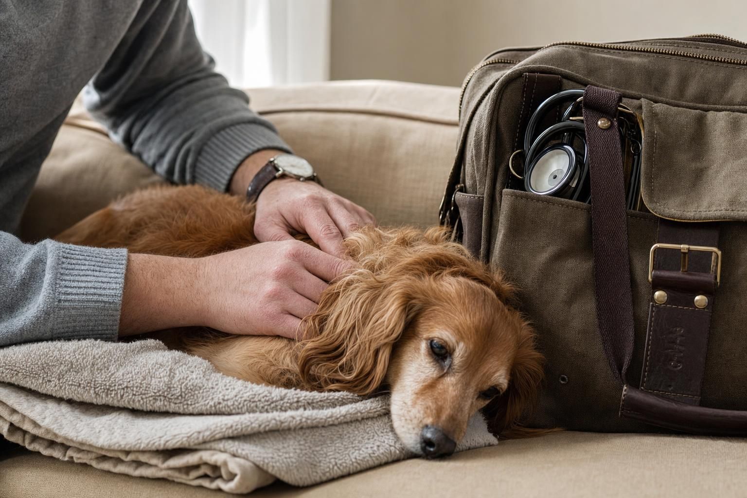 Veterinary bag and calm dog on a couch during an in-home euthanasia visit