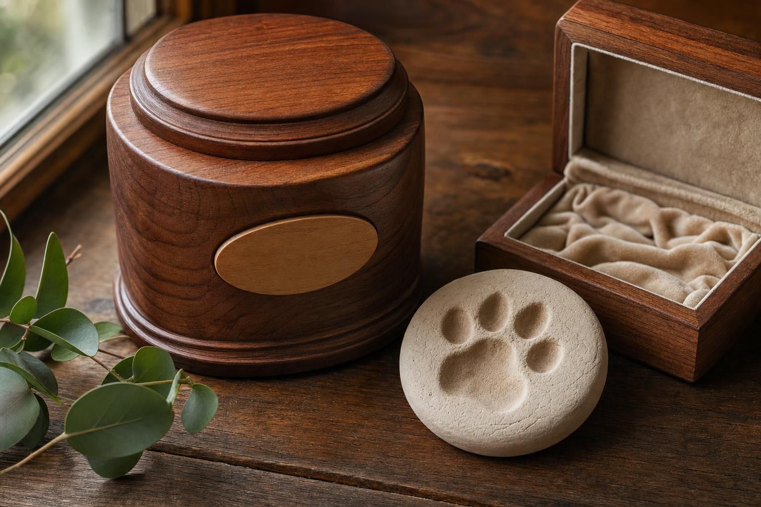 Cedar memorial urn, clay paw print, and keepsake box for pet aftercare