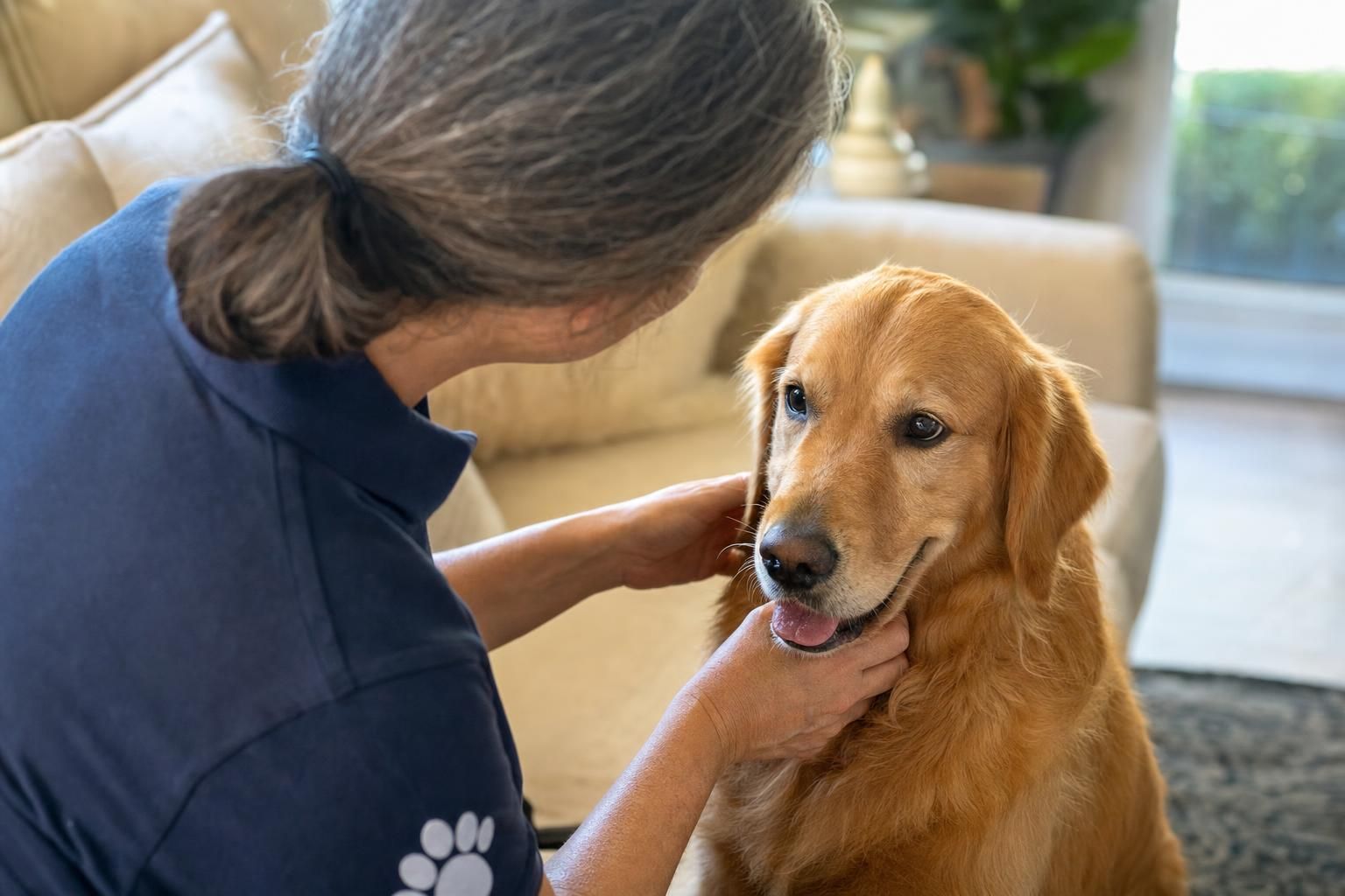 Veterinarian's hands gently interacting with a golden retriever during a home visit