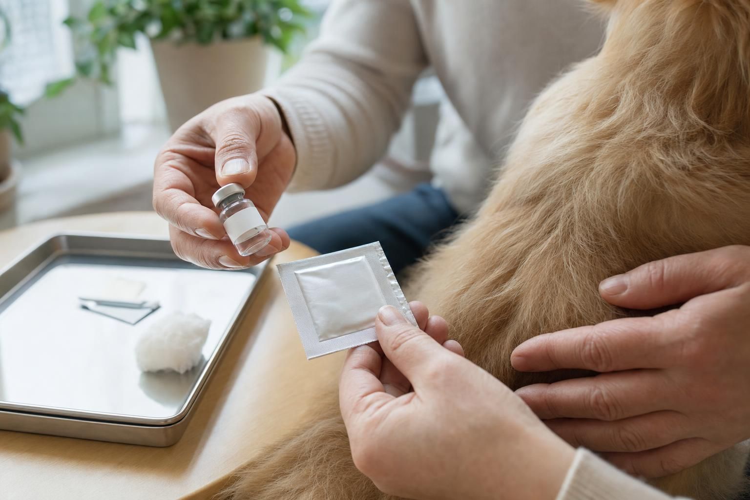 Hands preparing a capped pet vaccine vial and alcohol swab beside a calm dog at home